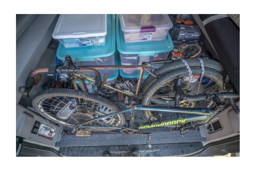 Winnebago Revel detail view of gear garage packed with gear necessities