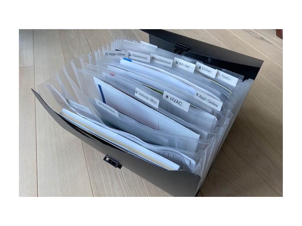 Plastic organizer with Horizon information sorted by categories