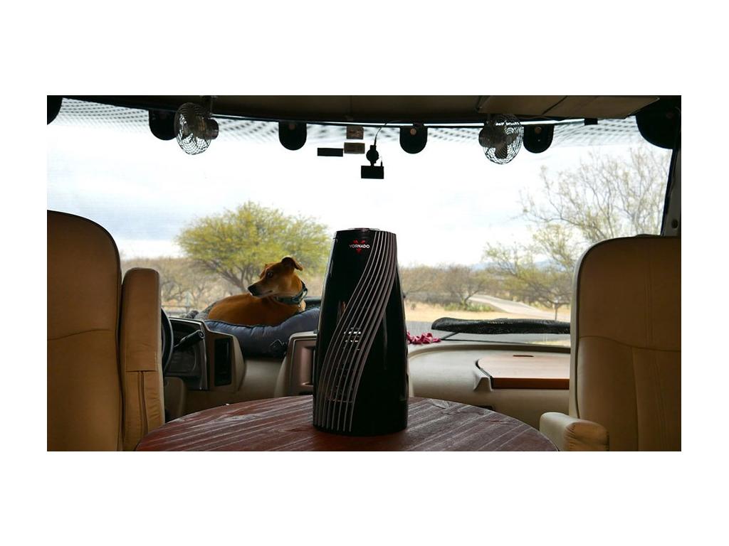 Space heater sitting on table in RV. Bella the dog is sitting on the dash in the background