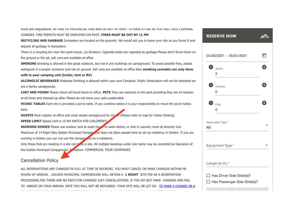 Screenshot of RV park cancellation policy