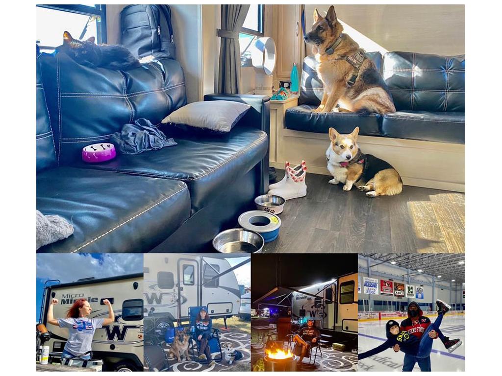 Photo collage of Roys and their two dogs traveling with Micro Minnie and EV