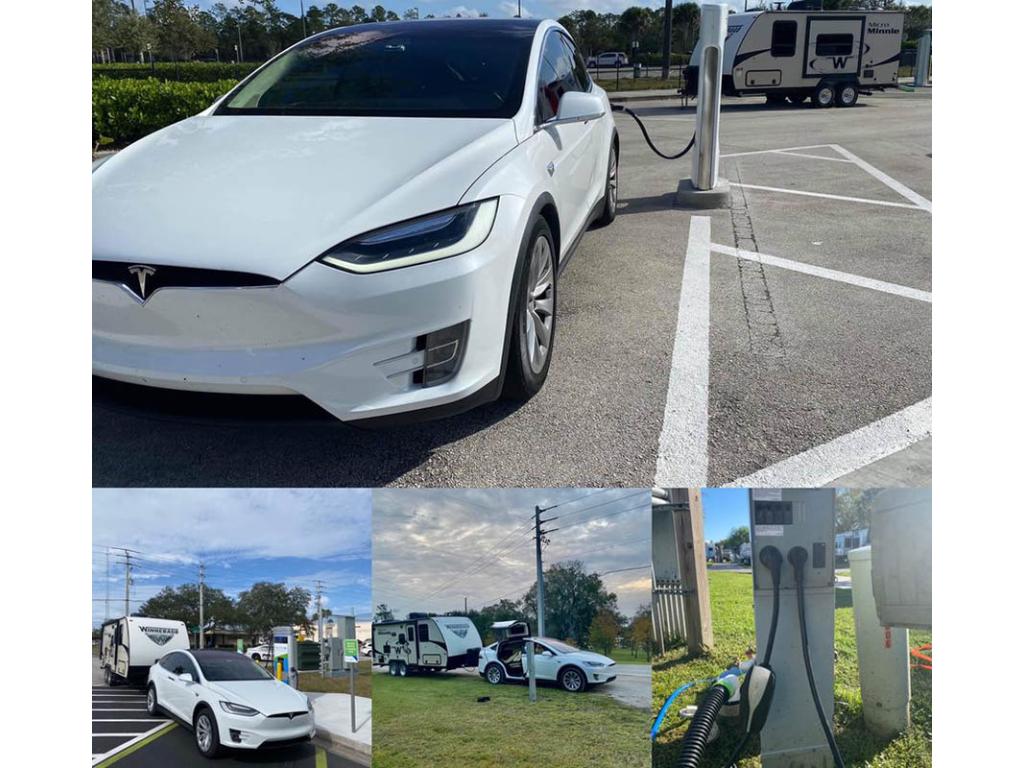 Photo collage of Tesla pulling Micro Minnie