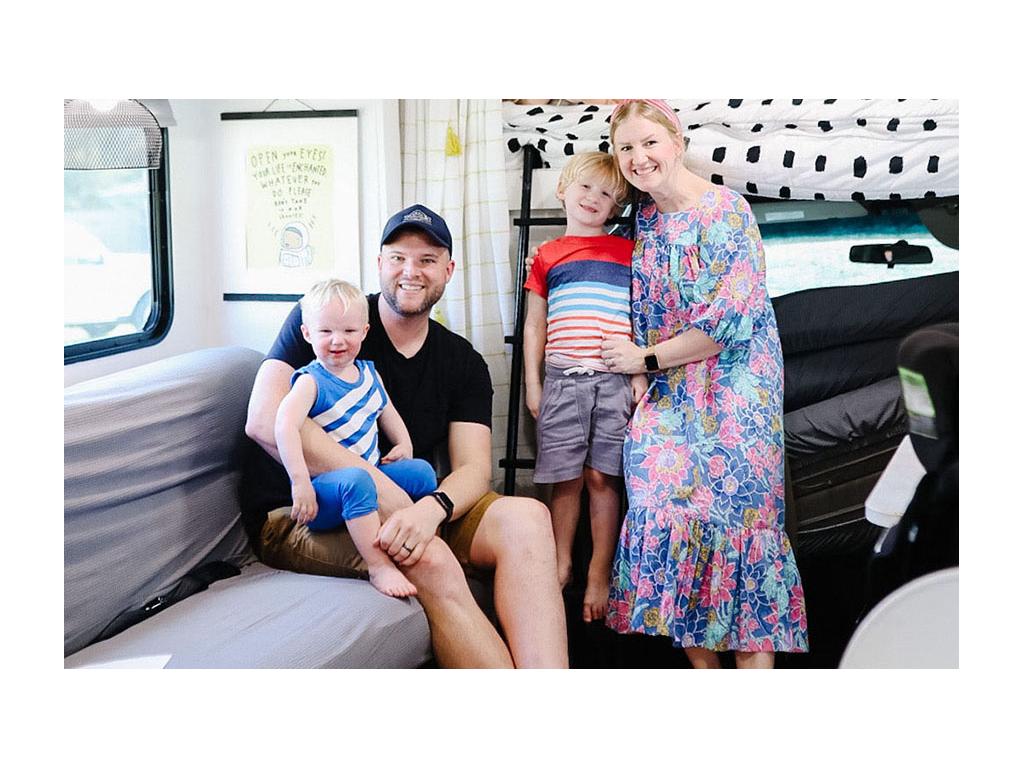 Tera and Wes with two children in renovated Minnie Winnie