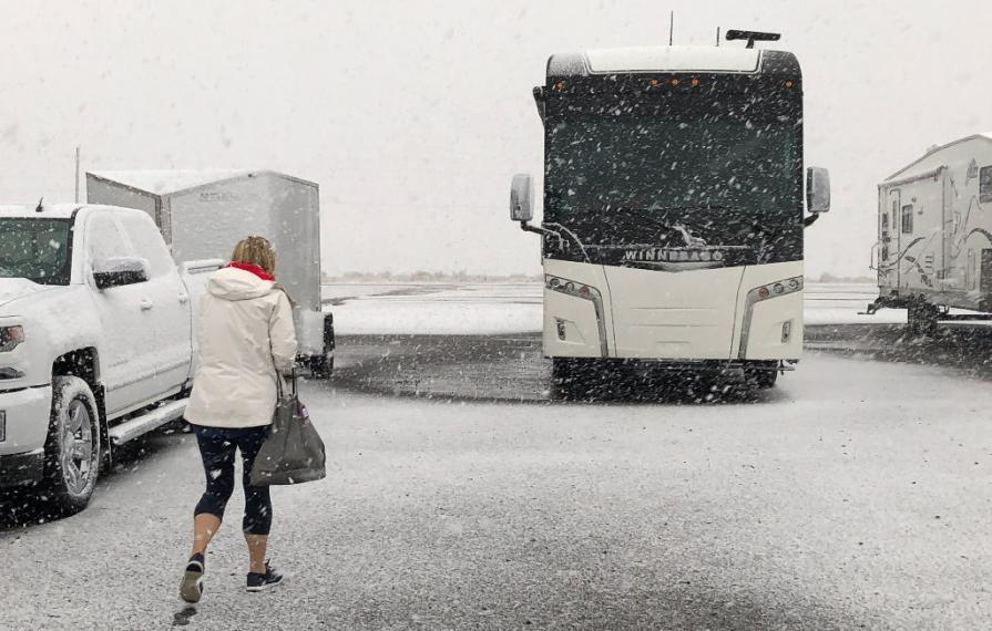 Terry walking towards Horizon in snow