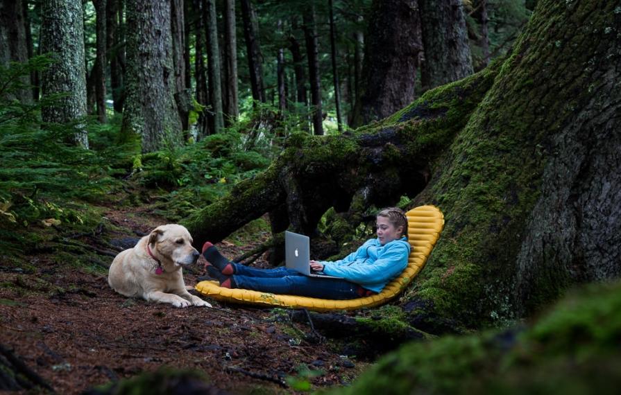 Abby sitting on inflatable mattress next to tree working on laptop with Tucker the dog at her feet.