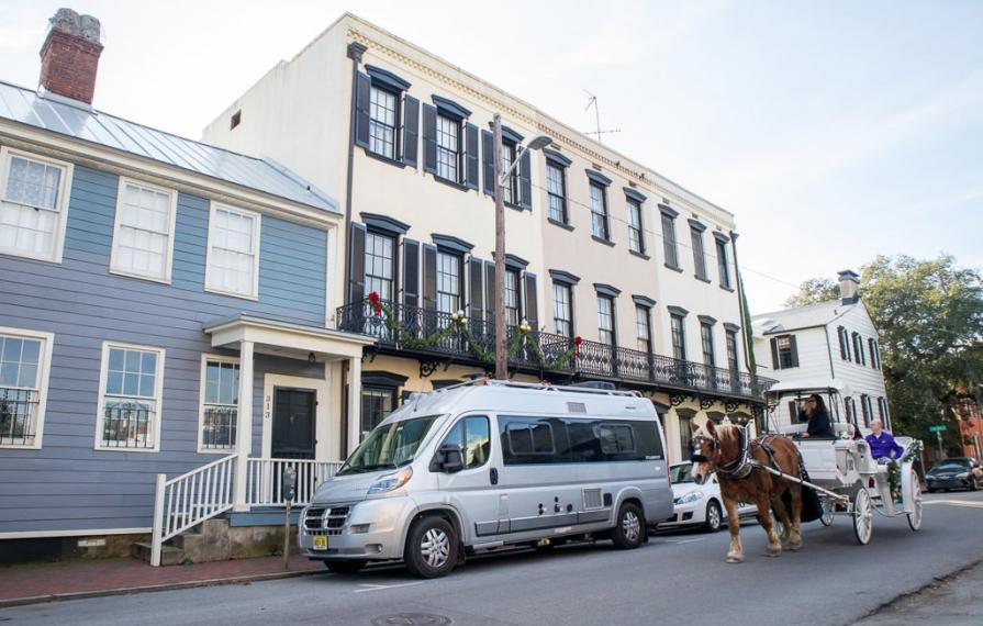 Winnebago Travato parked on a street in Savannah, GA.