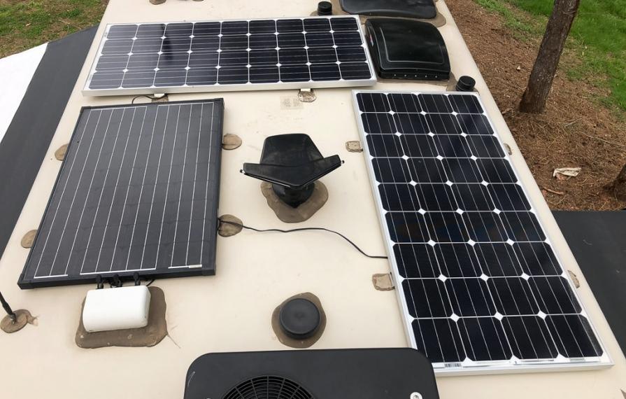 Detail view of solar panels on the roof of a Winnebago View