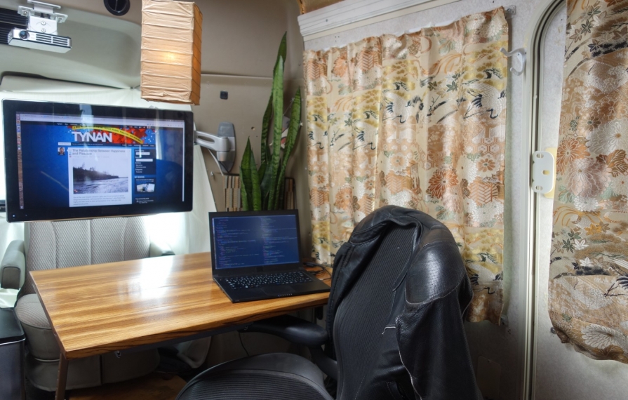 Tynan's desk set up in RV.