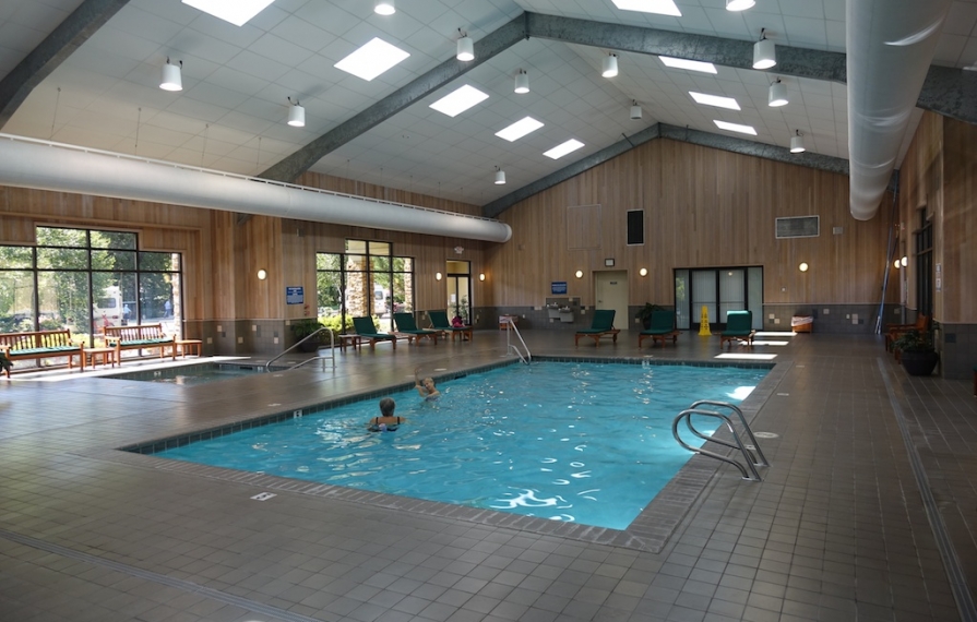Two people in indoor pool.