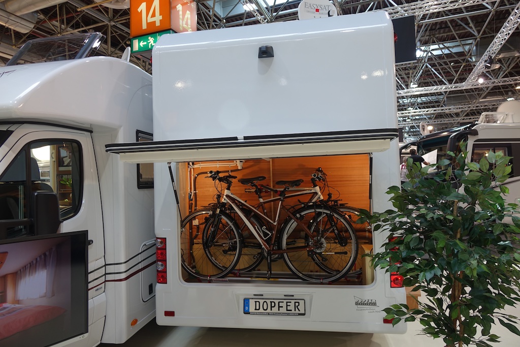 Bikes in rear storage of an RV.