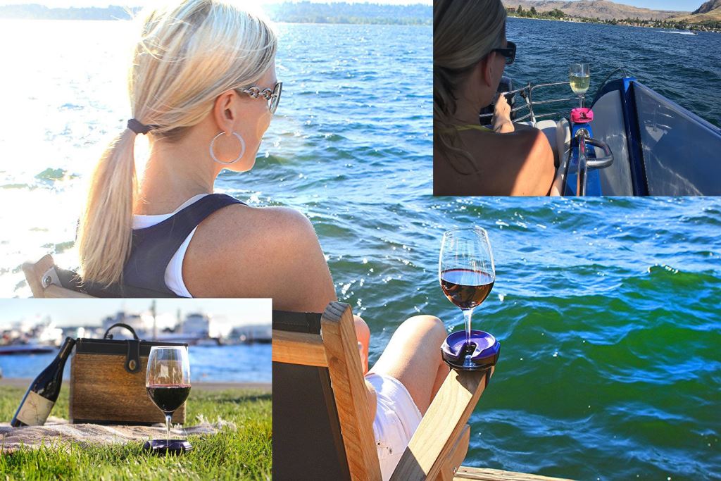 A woman enjoying a glass of wine and showing multiple examples of use for the portable wine glass holder