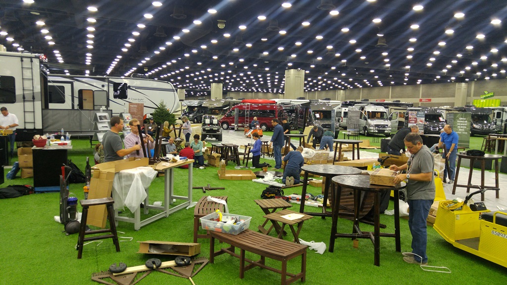 Pre-show setup for the RVIA trade show in Louisville, Kentucky