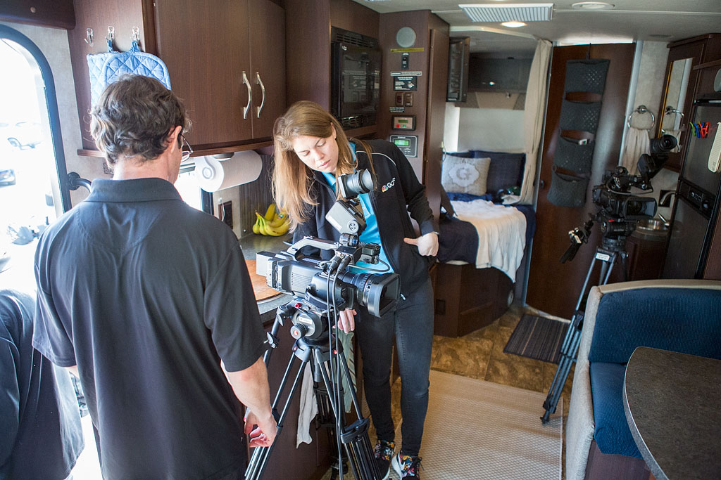 Camera crew setting up in Winnebago View.