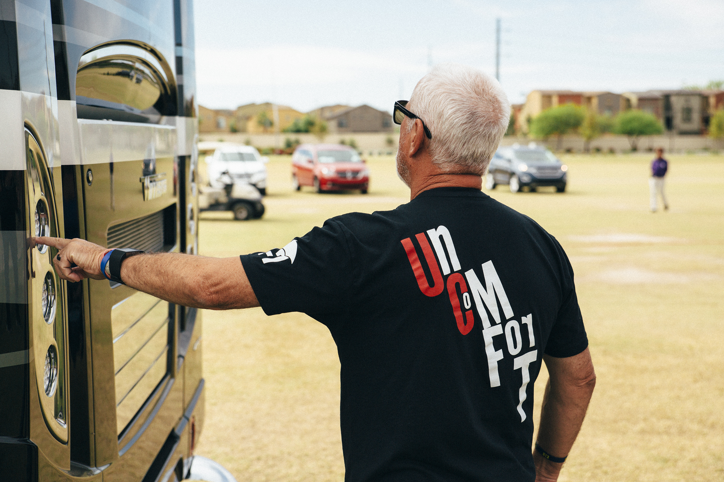 Joe checking out the back end of the Winnebago Grand Tour.