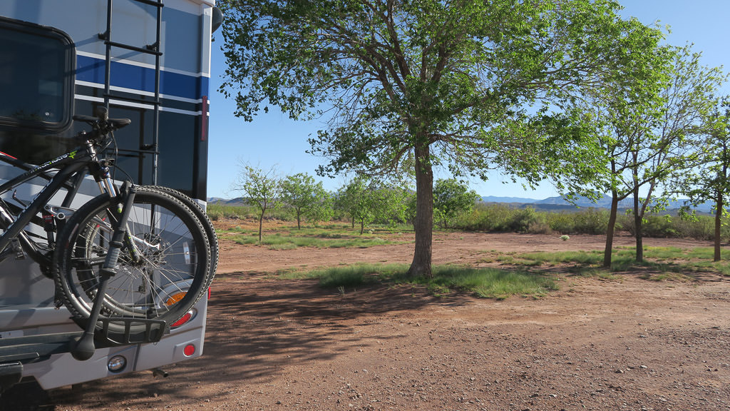 Backside of an RV with bikes on it parked among trees at a winery.