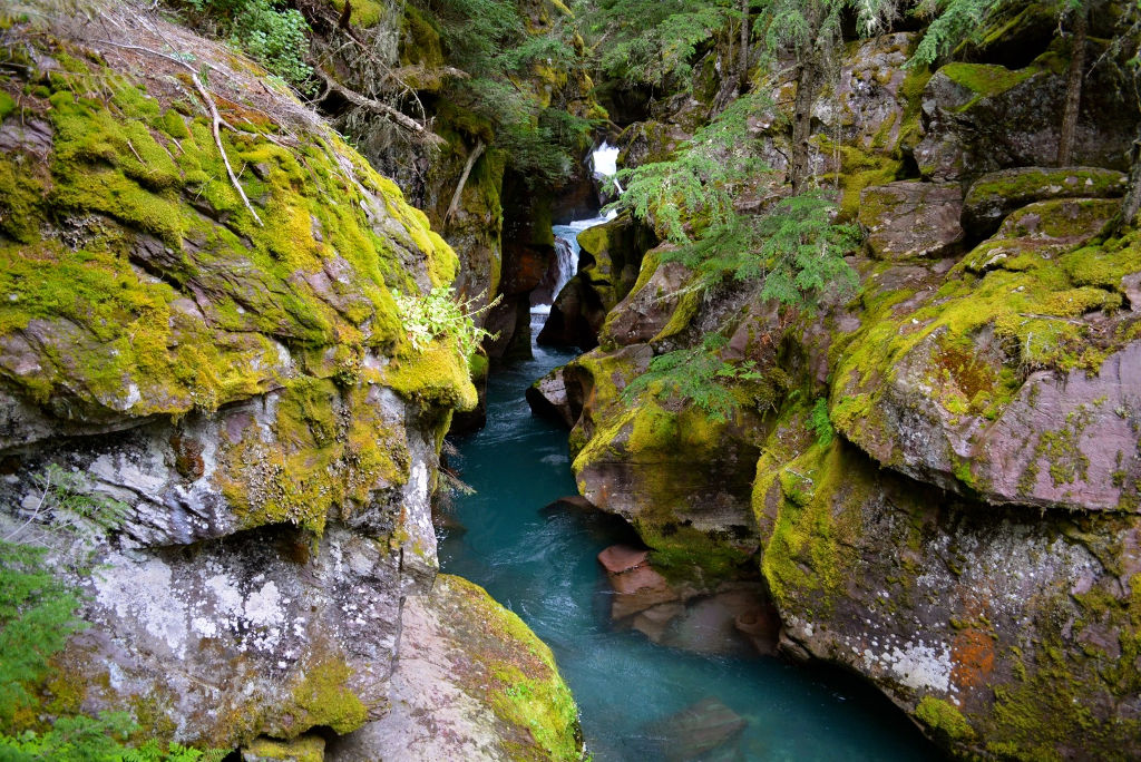 Clear blue stream running between moss covered rocks.