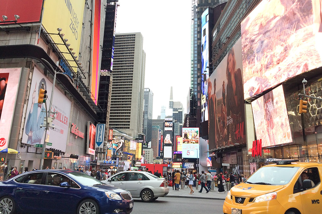 People crowded along Times Square.
