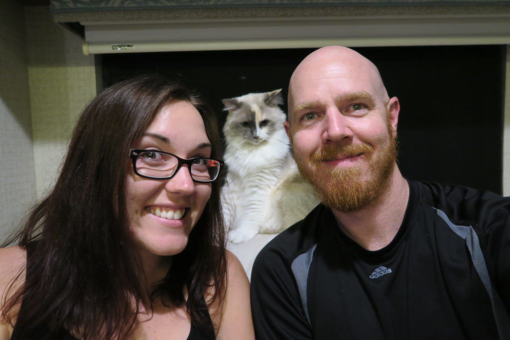 Couple sitting next to their cat who is sitting on the back part of the couch.