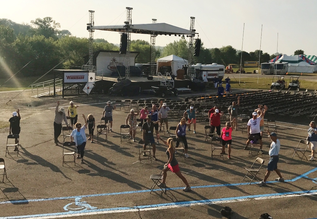 Stef leading a fitness class down at the amphitheater. 