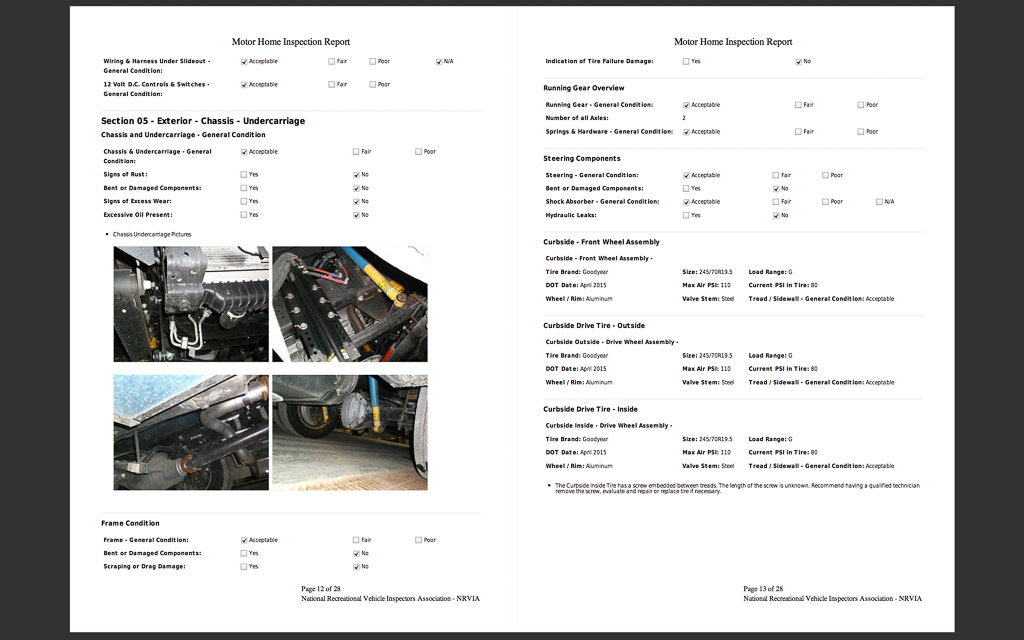 Motor Home Inspection Report with photos