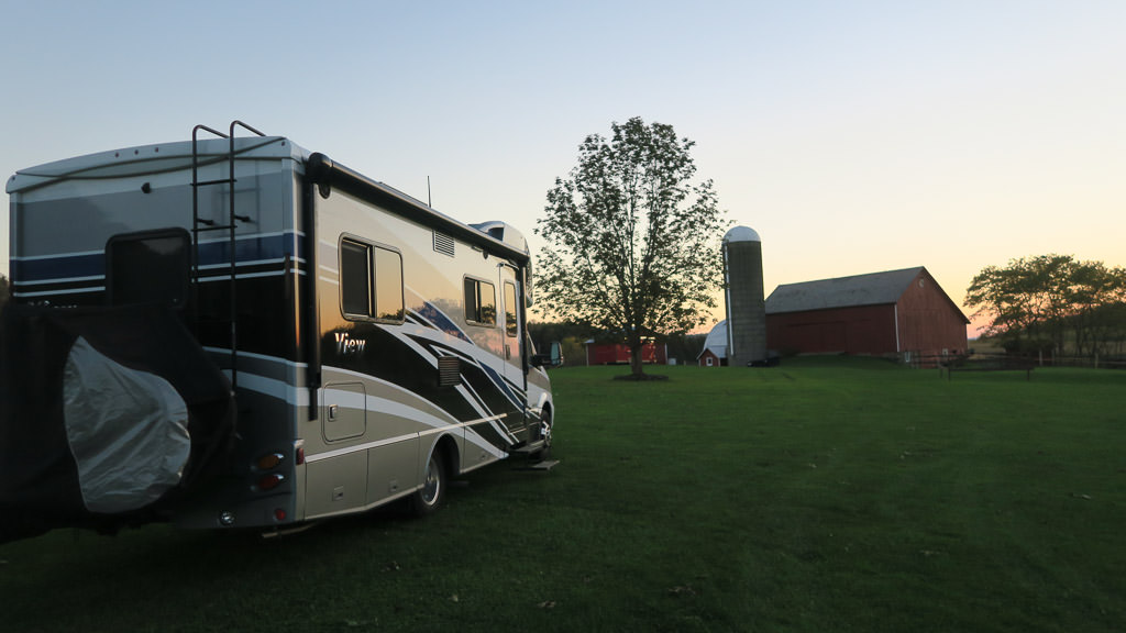Winnebago View parked on grass at farm