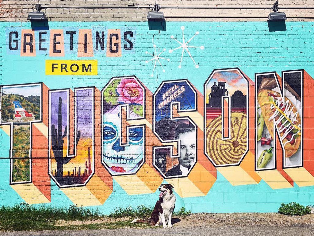 Bright mural painted on brick wall in Tucson