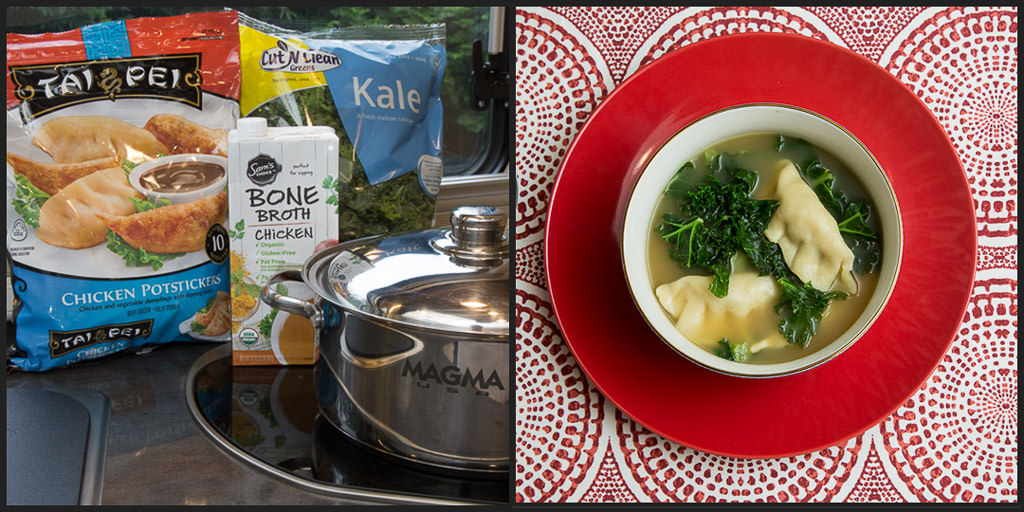 First photo is ingredients for pot sticker soup. Second photo is pot sticker soup in a bowl that is sitting on a red plate