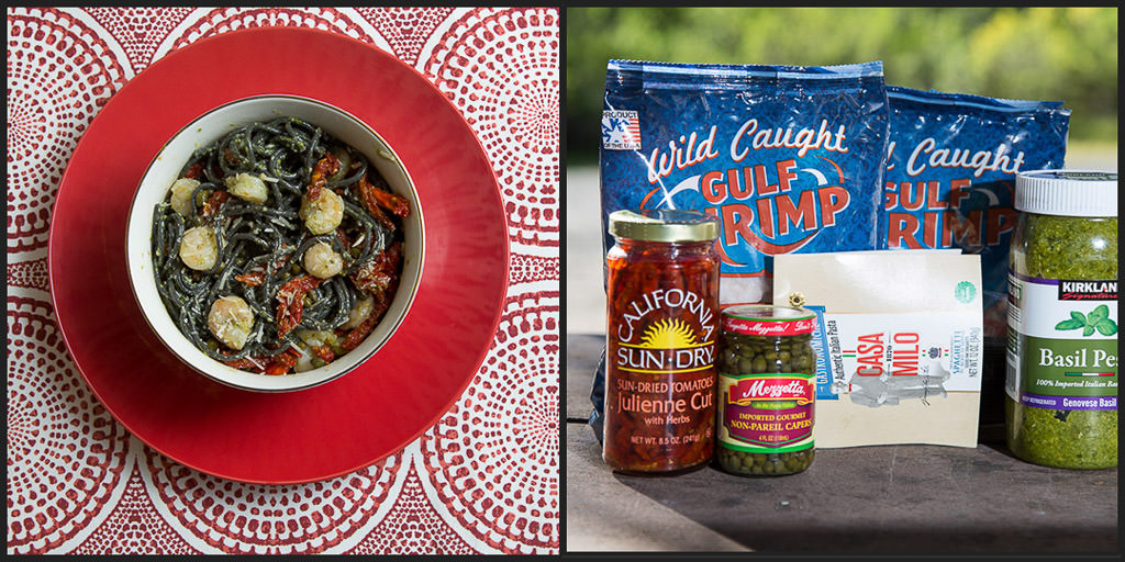 First photo is shrimp scampi in a bowl sitting on a red plate. Second photo is shrimp scampi ingredients. 