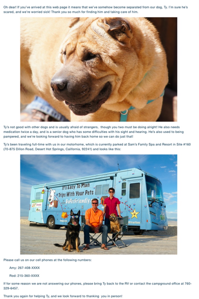 Ty's lost pet webpage for traveling pets