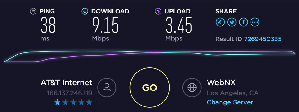 Detail view of speedtest.net app results for cell booster and staying connected on the road