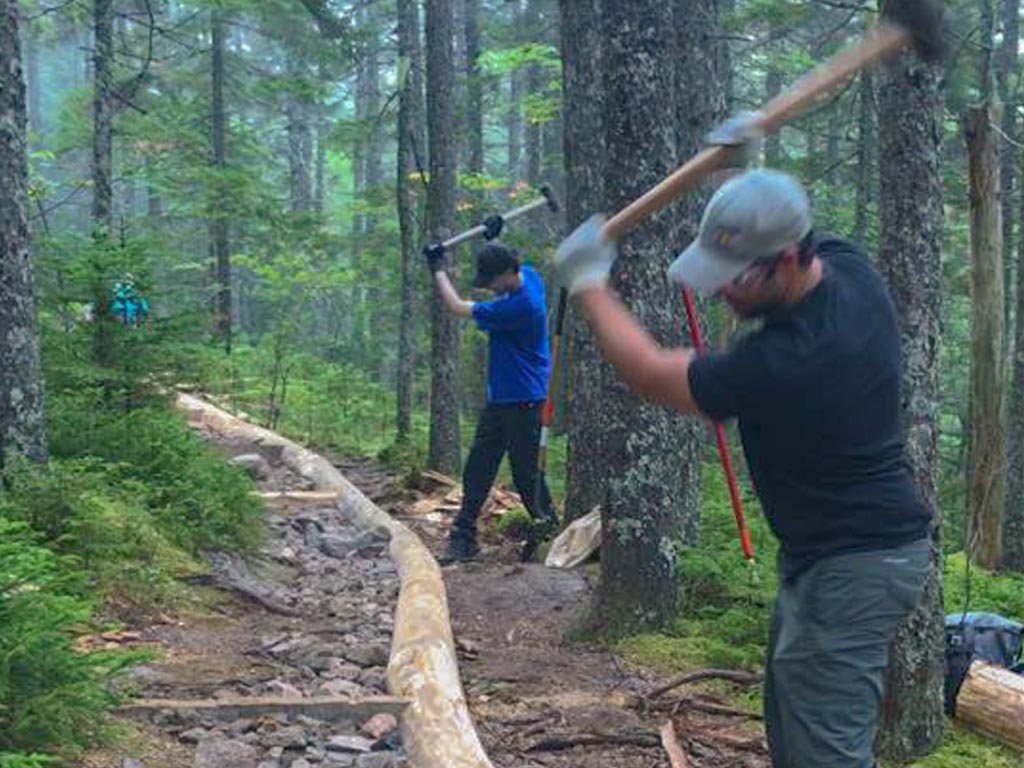 Two men with axes chopping wood