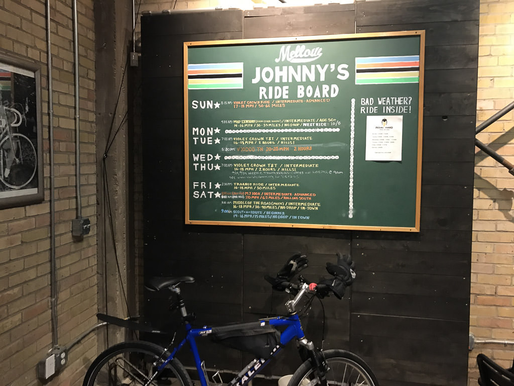 Wall of rides at Mellow Johnny's Bike Shop in Austin, TX