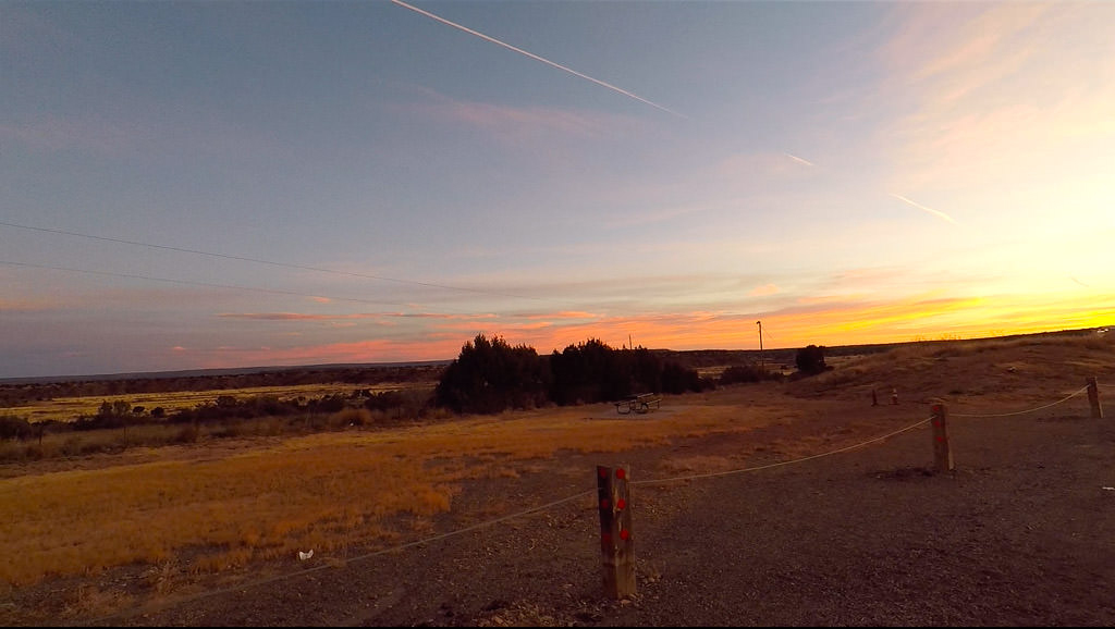 View of grassland and trees from the rest stop with setting sun