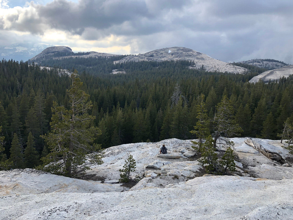 Man looking out over the trees from top of boulders