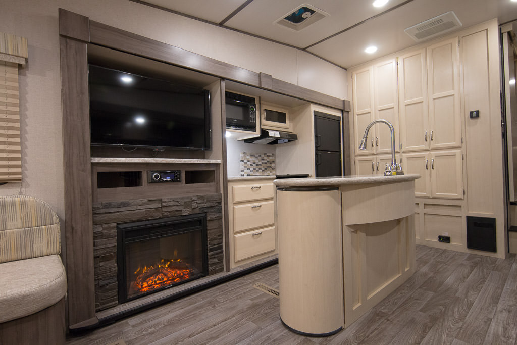 Kitchen area of the Winnebago Minnie Plus Fifth Wheel.