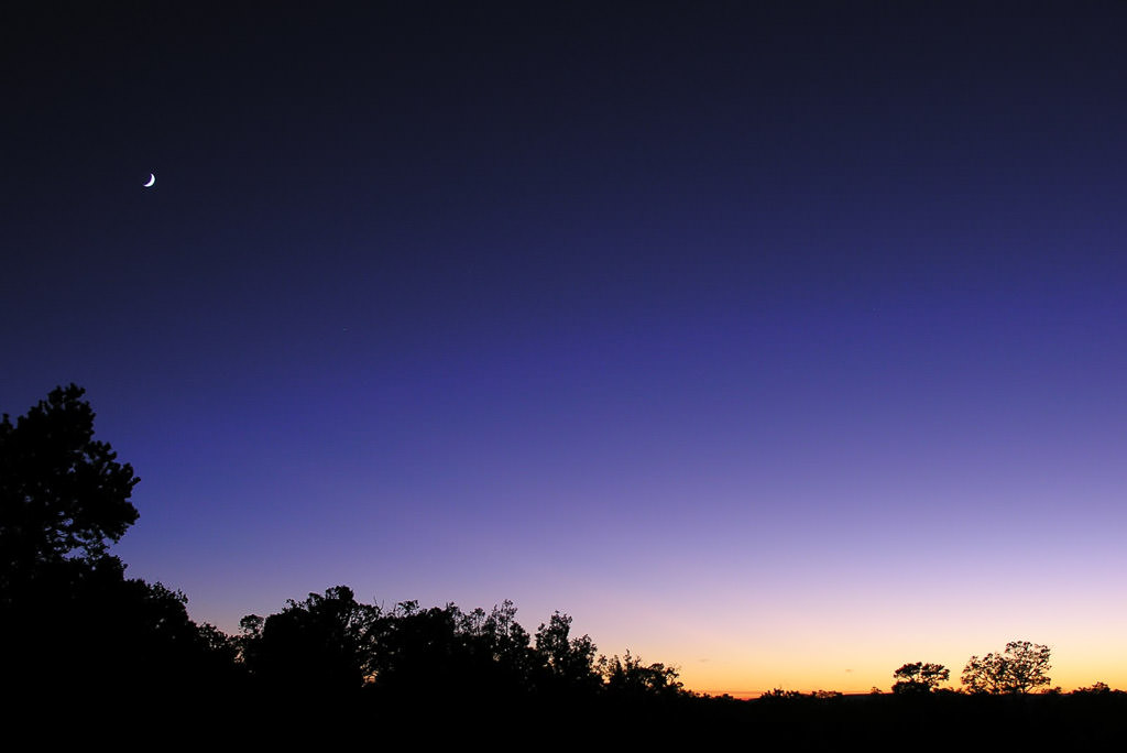 Moon in the night sky with dark horizon below.