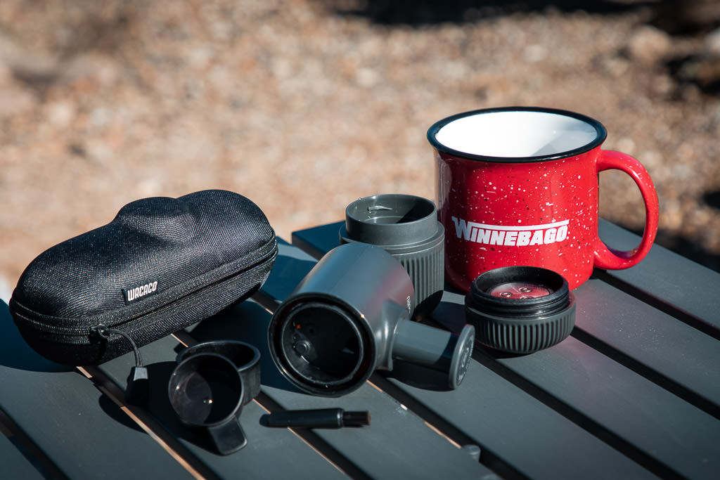 Nanopresso hand-powered espresso machine and Winnebago mug
