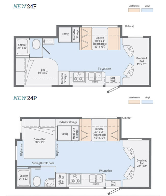 Winnebago Vita 24F and 24P floorplans.