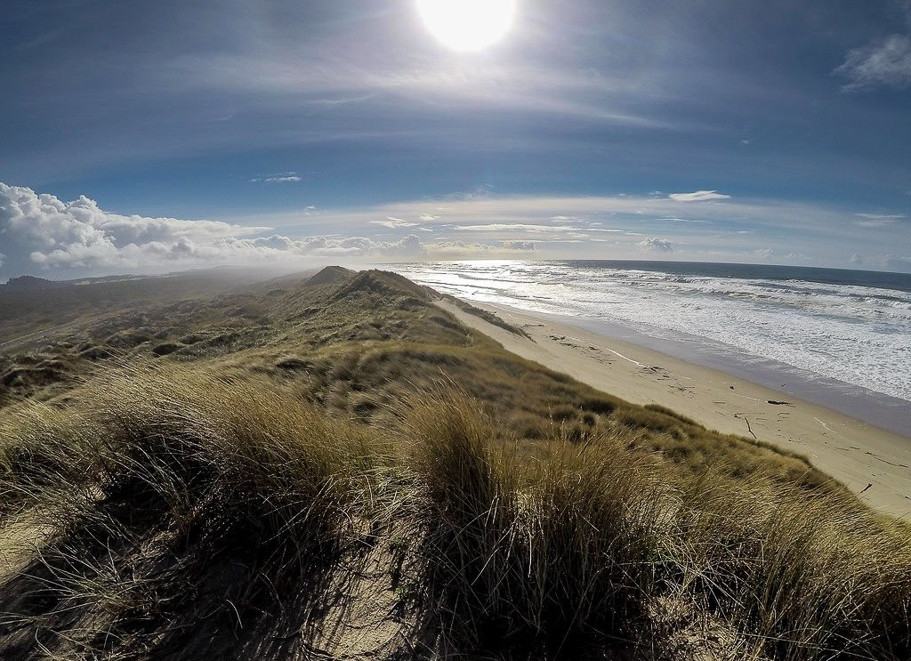 Water, beach, and sand dunes under the blue sky.