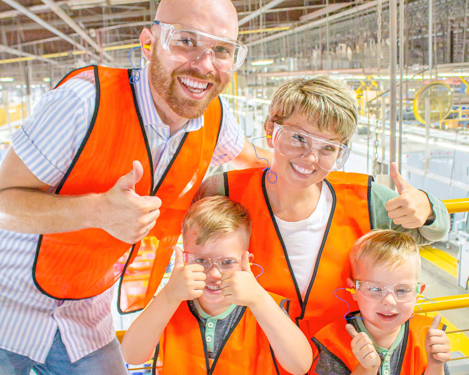 Nic, Jess and the boys on the Winnebago factory tour