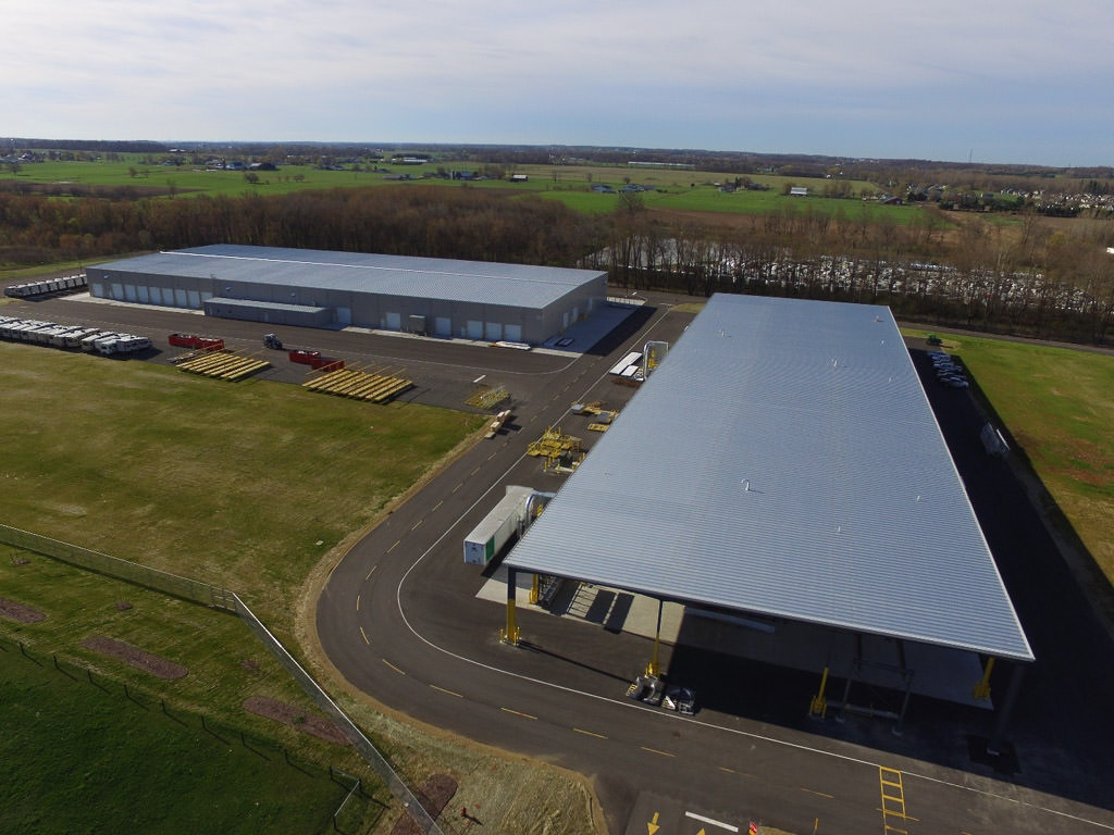 Overhead view of two buildings at the Winnebago Towables factory.